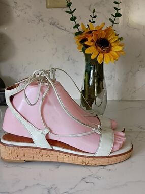 Frye Women’s White Leather Lace-Up Cork Wedge Sandals